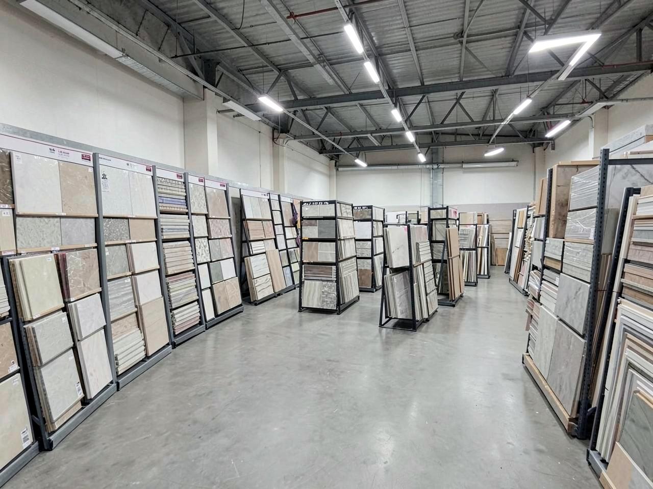 Ceramic and porcelain tile samples displayed on racks at the Brlatow Ceramic Trading showroom in Musaffah, Abu Dhabi