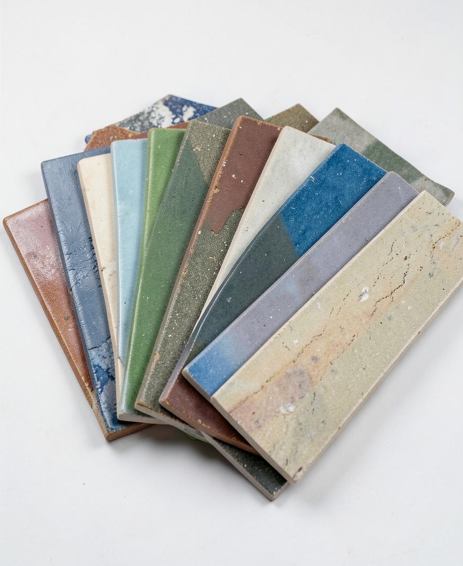 Ceramic tile samples in assorted colours and glazes