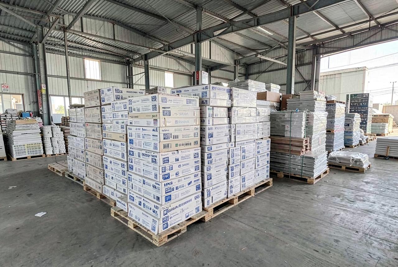 Palletised tile boxes and building materials stored at a Musaffah warehouse in Abu Dhabi