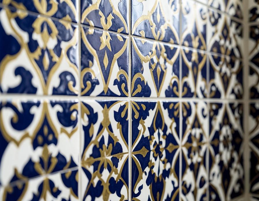 Decorative navy and gold patterned ceramic tiles