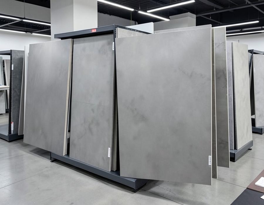 Grey porcelain tile slabs on a showroom display rack in Musaffah, Abu Dhabi