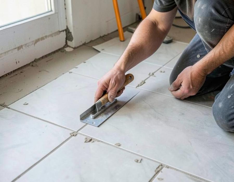 Tiler installing large ceramic floor tiles with adhesive and spacers