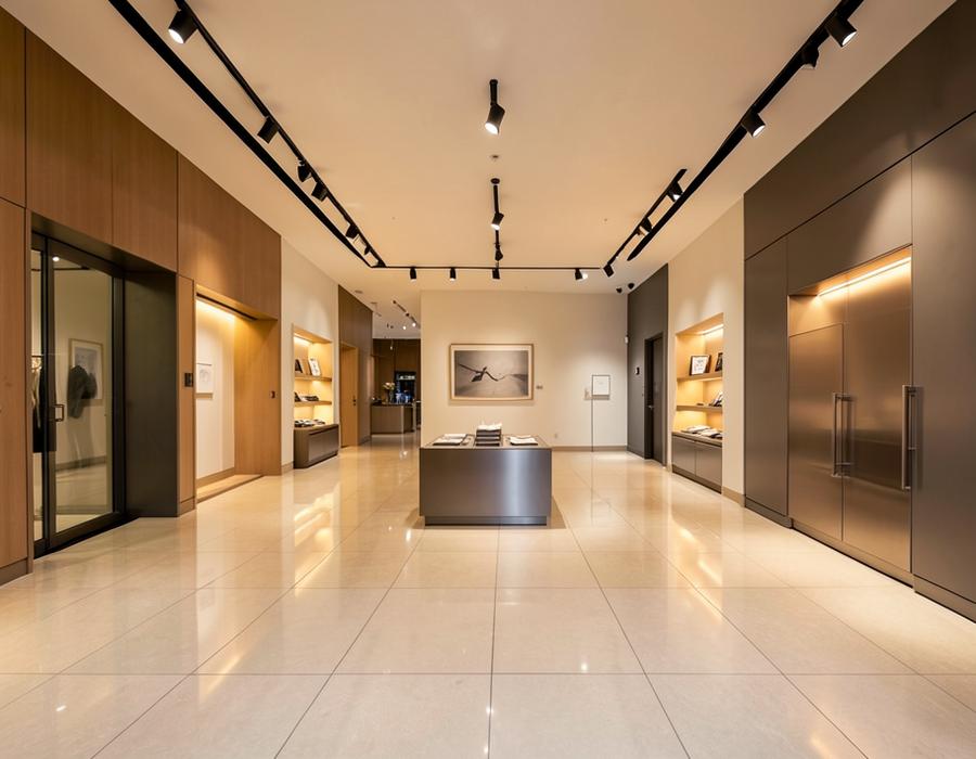 Retail showroom interior with large-format tiled floor