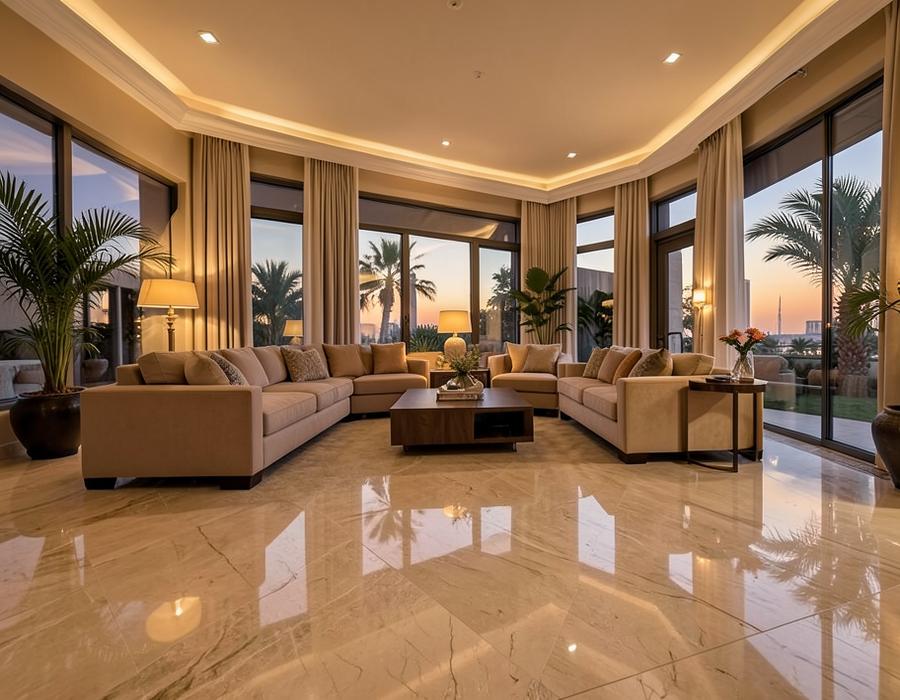 Luxury villa living room with polished marble-look floor tiles in Abu Dhabi